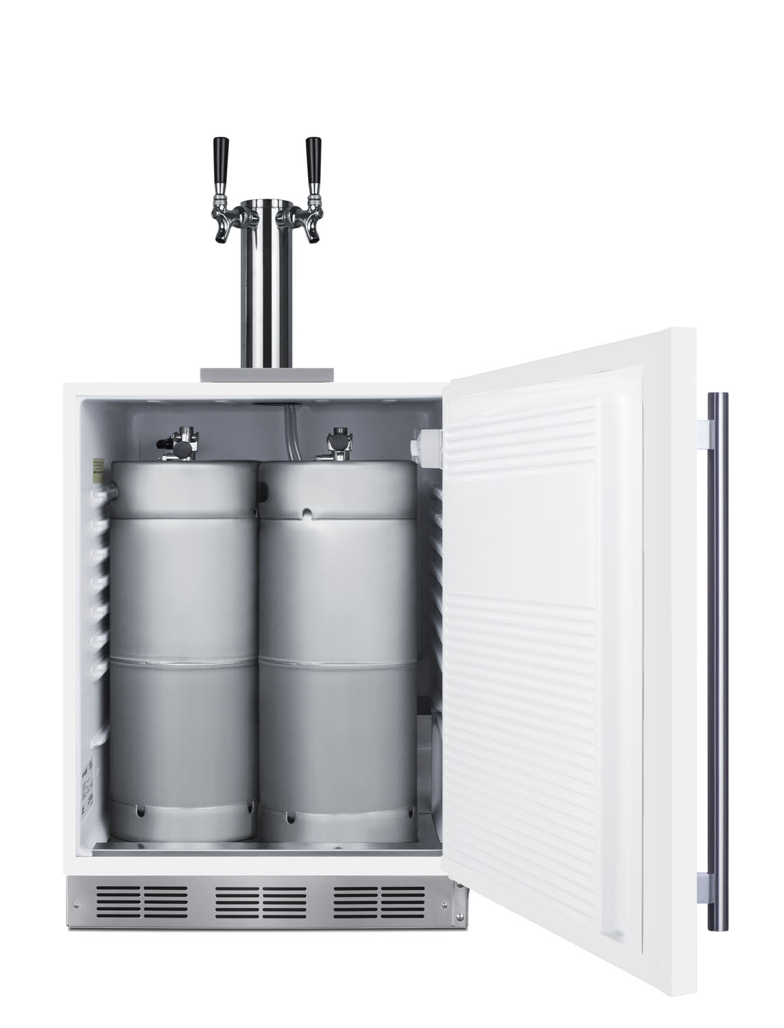 Built-in undercounter ADA height commercially listed dual tap beer dispenser in white with stainless steel handle